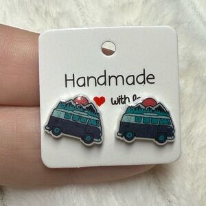 Camper van in mountains post earrings